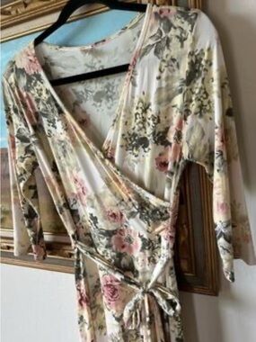 Floral Wrap Dress in Cream with Pink Roses